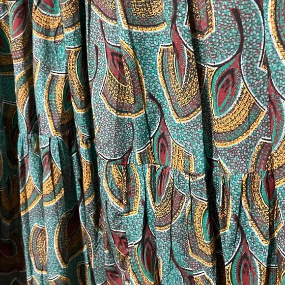 Sundance Feather Print Teal Dress, Tiered, with Pockets, lined XL - Picture 5 of 10